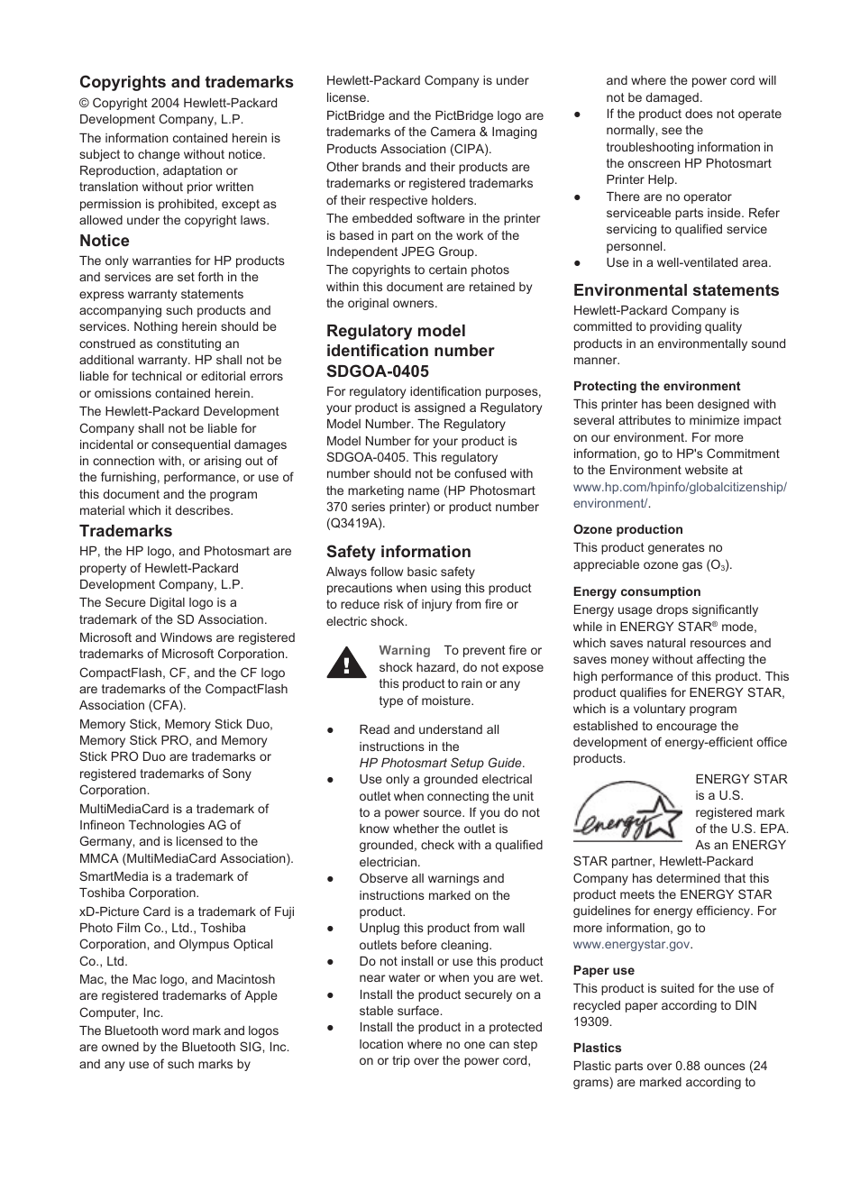 Copyrights and trademarks, Notice, Trademarks | Regulatory model identification number sdgoa-0405, Safety information, Environmental statements | HP Photosmart 375 Compact Photo Printer User Manual | Page 2 / 66