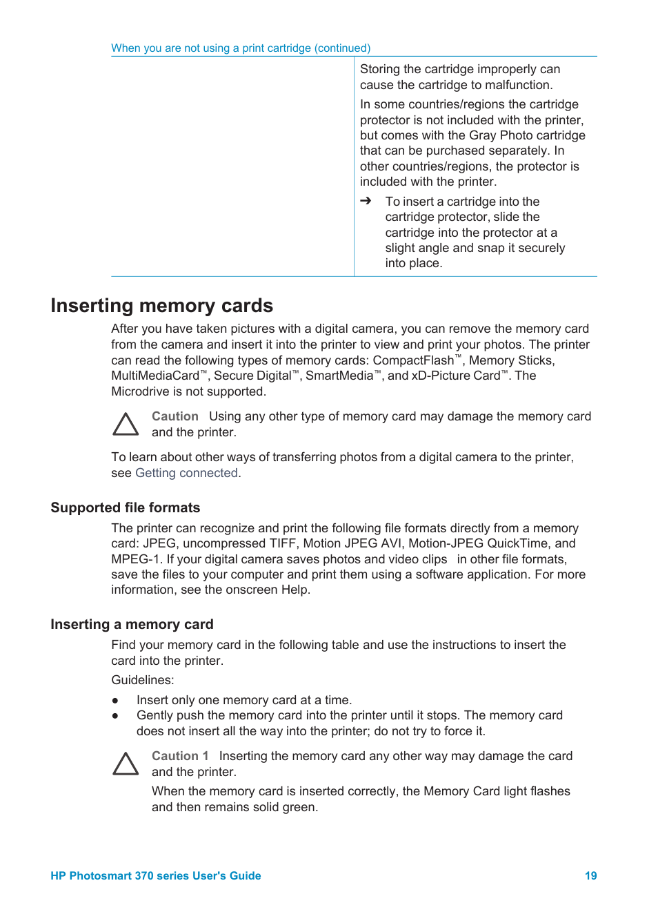 Inserting memory cards, Supported file formats, Inserting a memory card | HP Photosmart 375 Compact Photo Printer User Manual | Page 22 / 66