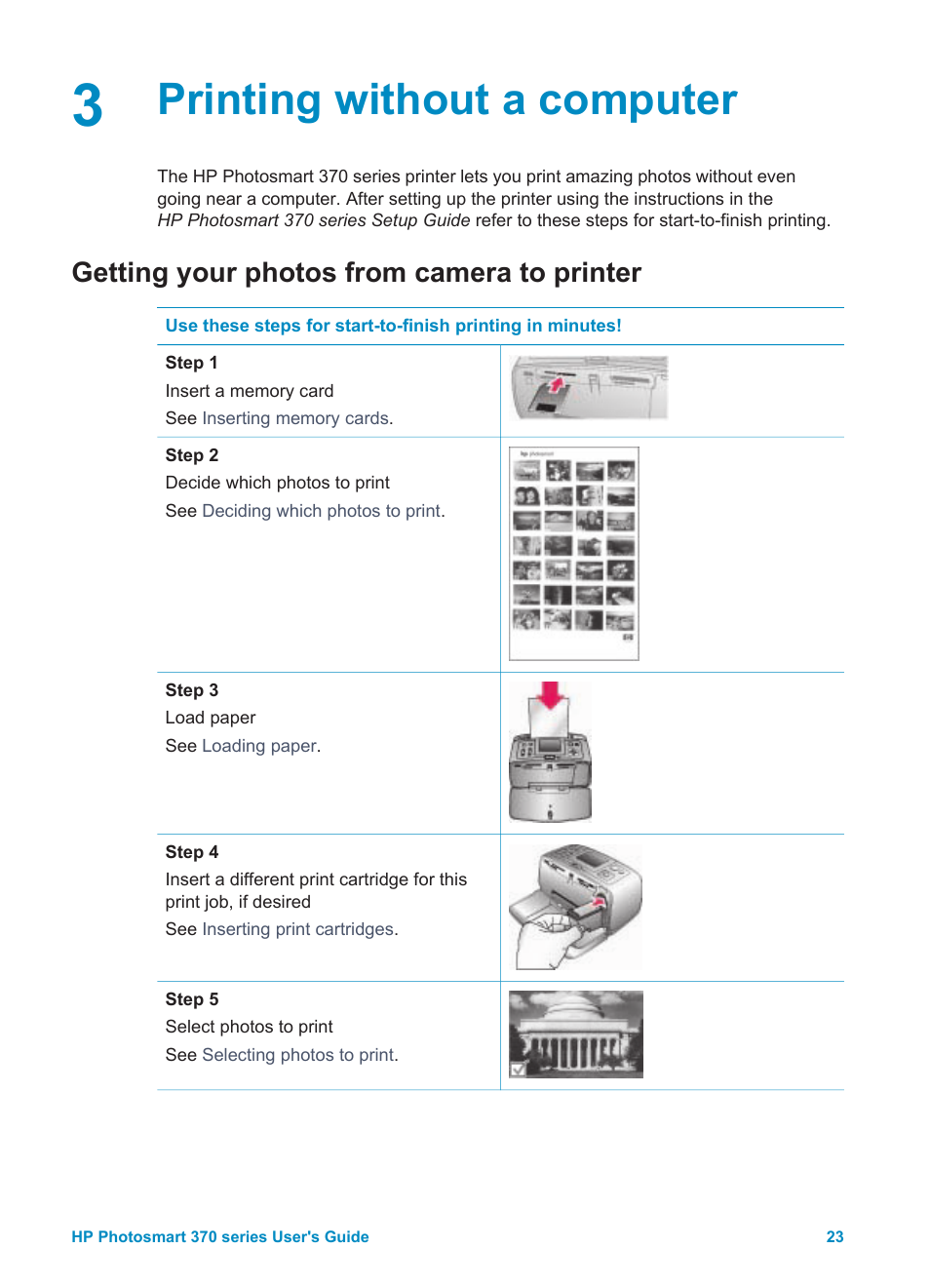 Printing without a computer, Getting your photos from camera to printer | HP Photosmart 375 Compact Photo Printer User Manual | Page 26 / 66