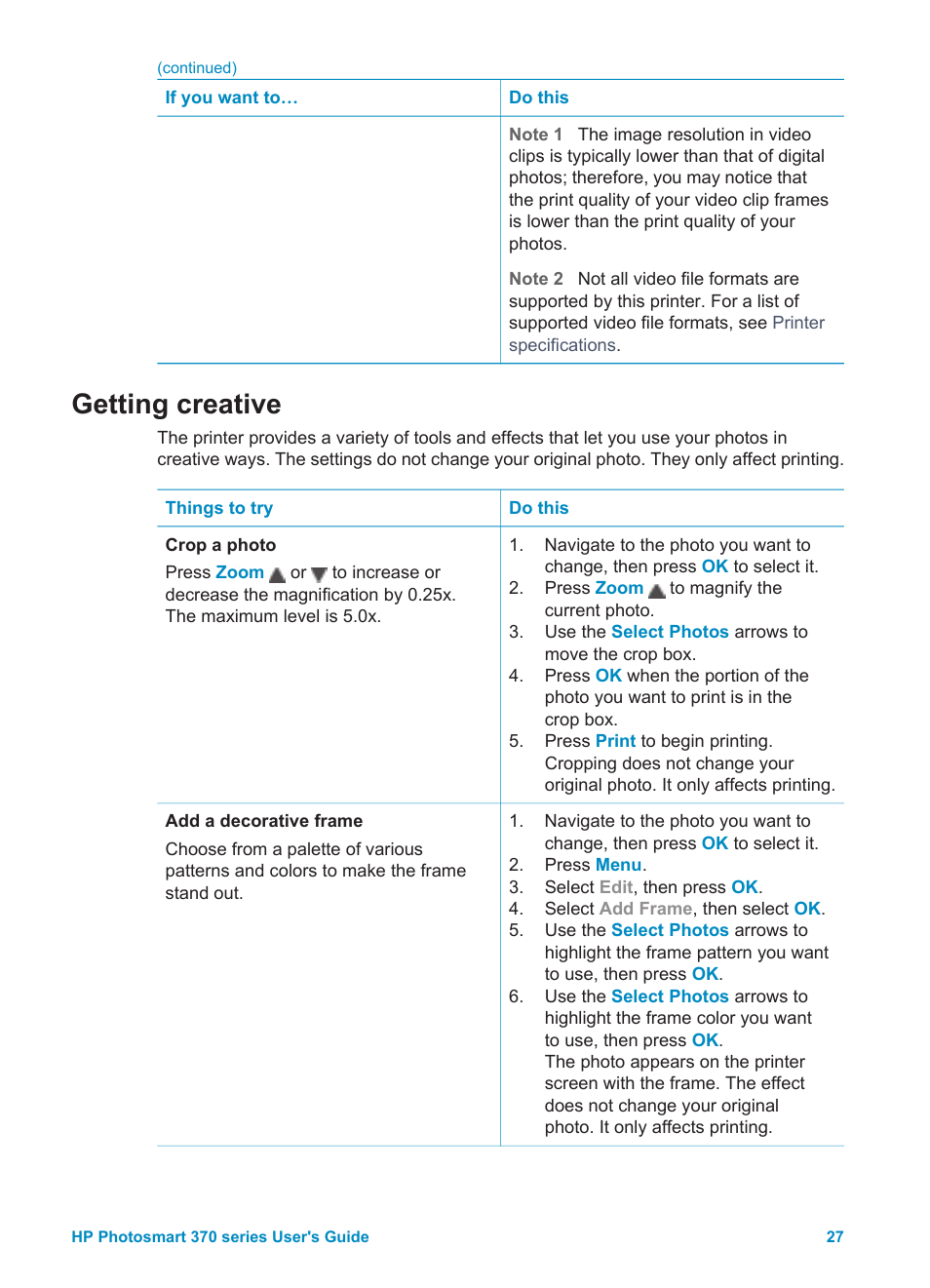 Getting creative, Getting, Creative | HP Photosmart 375 Compact Photo Printer User Manual | Page 30 / 66