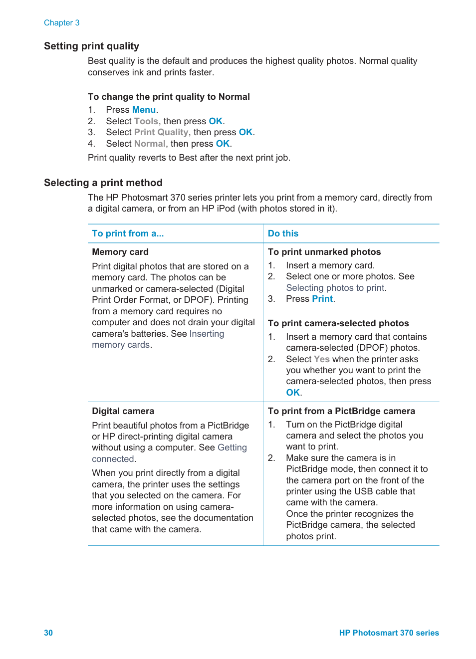 Setting print quality, Selecting a print method | HP Photosmart 375 Compact Photo Printer User Manual | Page 33 / 66