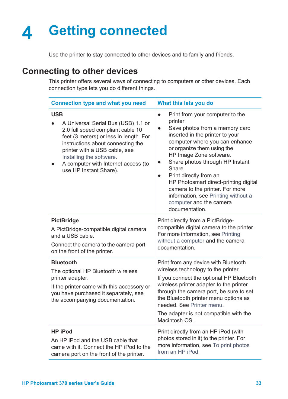 Getting connected, Connecting to other devices, Getting | Connected | HP Photosmart 375 Compact Photo Printer User Manual | Page 36 / 66