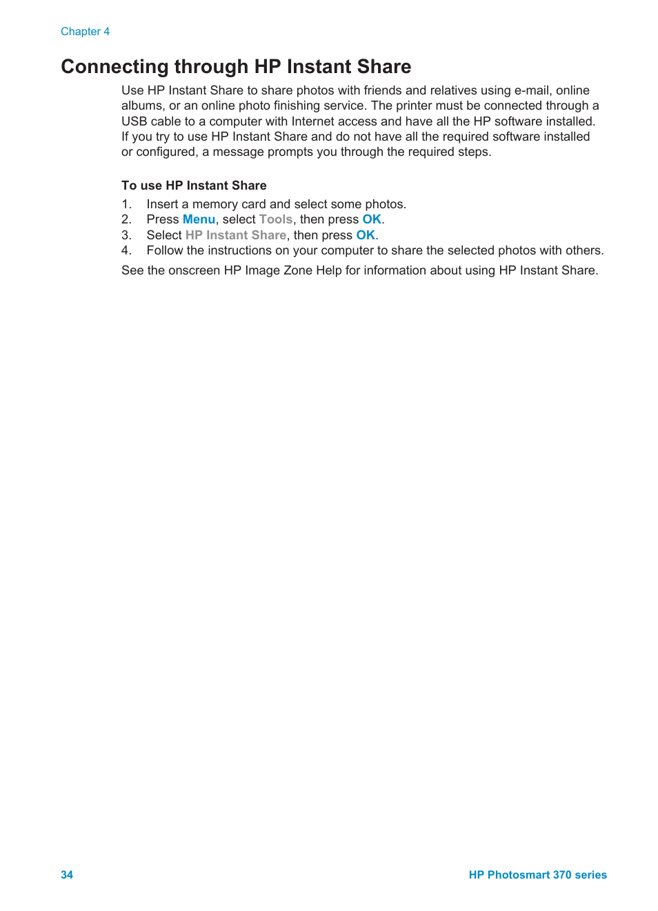 Connecting through hp instant share | HP Photosmart 375 Compact Photo Printer User Manual | Page 37 / 66