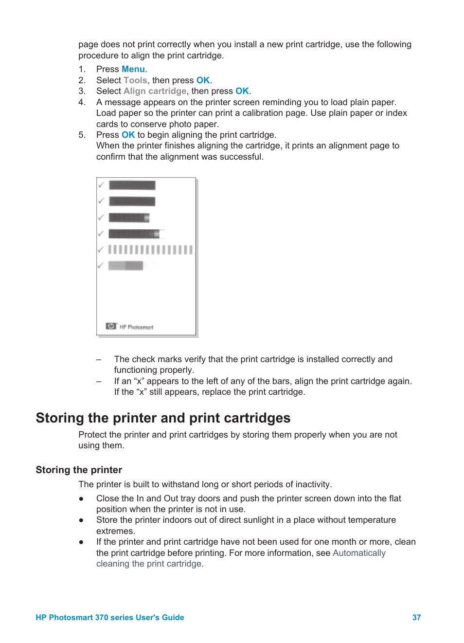 Storing the printer and print cartridges, Storing the printer, Storing the printer storing the print cartridges | HP Photosmart 375 Compact Photo Printer User Manual | Page 40 / 66