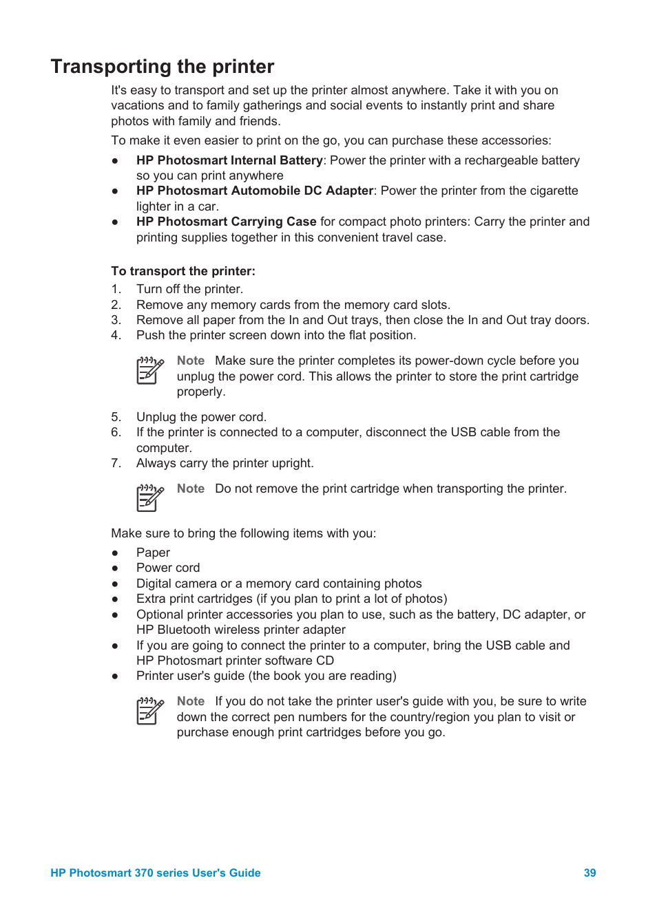 Transporting the printer | HP Photosmart 375 Compact Photo Printer User Manual | Page 42 / 66