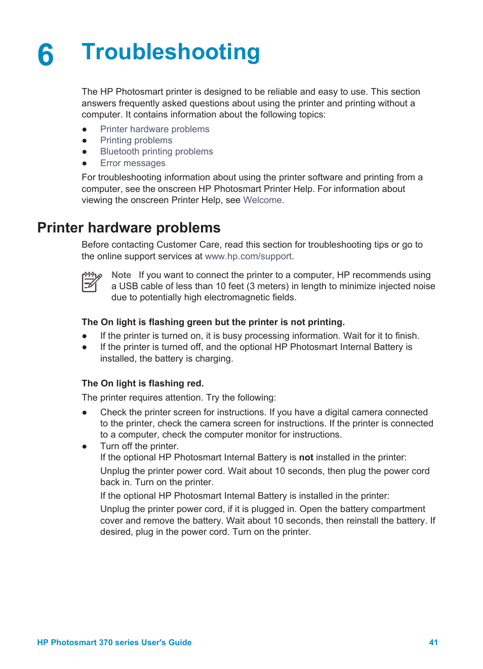 Troubleshooting, Printer hardware problems | HP Photosmart 375 Compact Photo Printer User Manual | Page 44 / 66