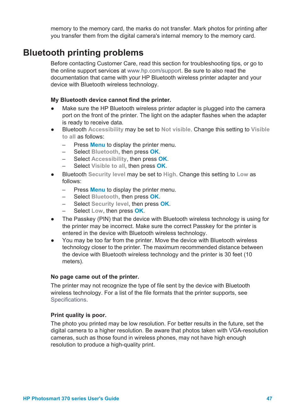 Bluetooth printing problems | HP Photosmart 375 Compact Photo Printer User Manual | Page 50 / 66