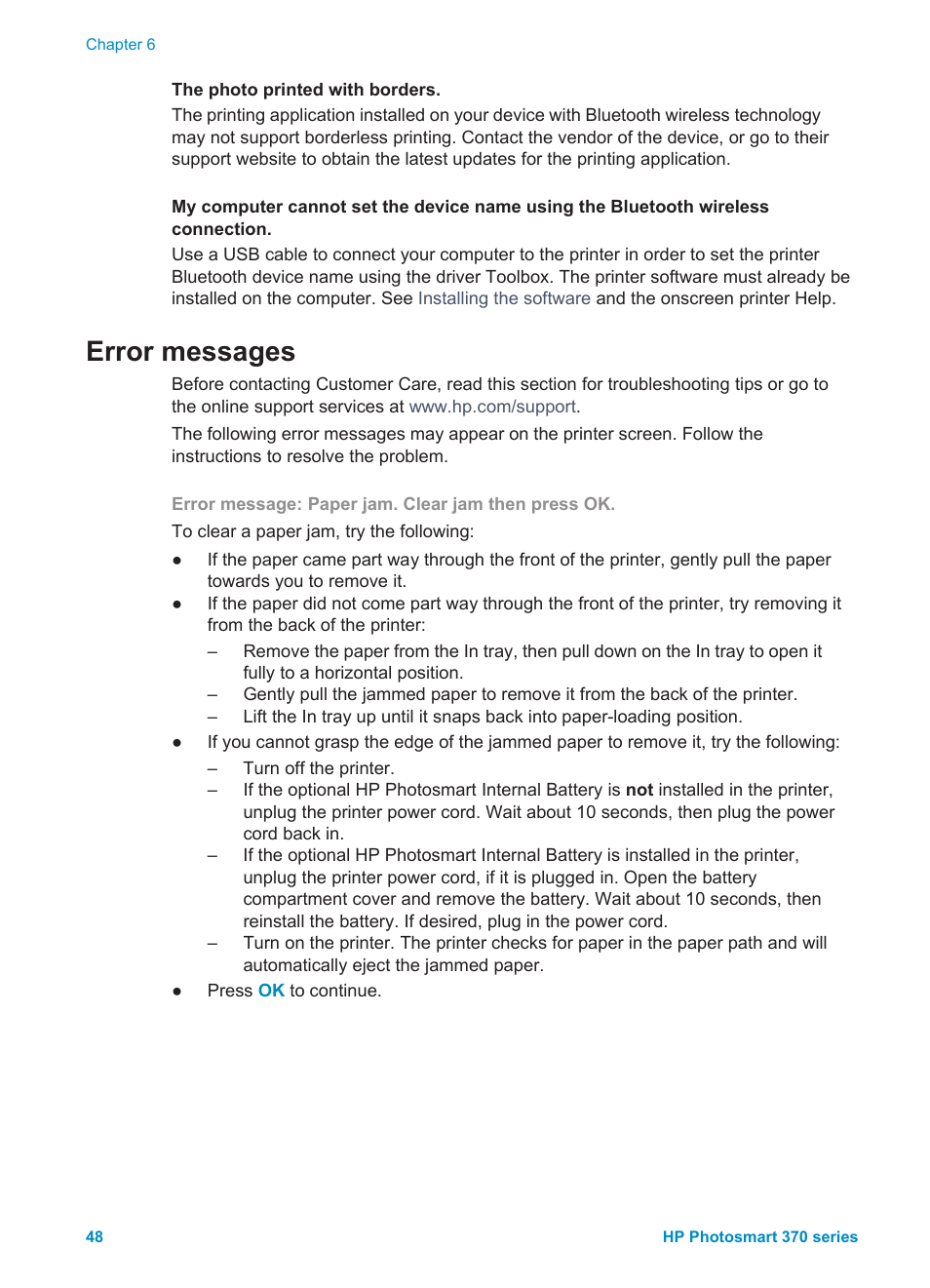 Error messages | HP Photosmart 375 Compact Photo Printer User Manual | Page 51 / 66