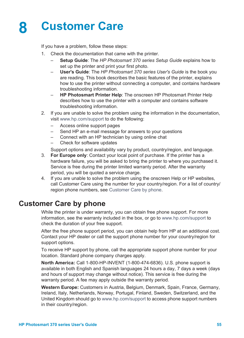 Customer care, Customer care by phone, Placing a call | HP Photosmart 375 Compact Photo Printer User Manual | Page 58 / 66