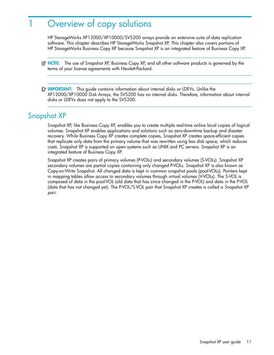 1 overview of copy solutions, Snapshot xp, 1overview of copy solutions | HP StorageWorks XP Remote Web Console Software User Manual | Page 11 / 74