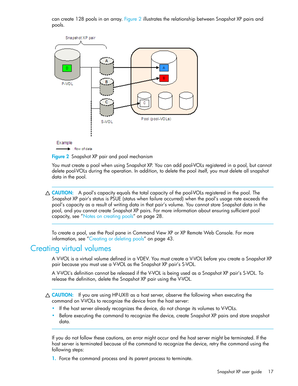Figure 2 snapshot xp pair and pool mechanism, Creating virtual volumes, 2 snapshot xp pair and pool mechanism | HP StorageWorks XP Remote Web Console Software User Manual | Page 17 / 74