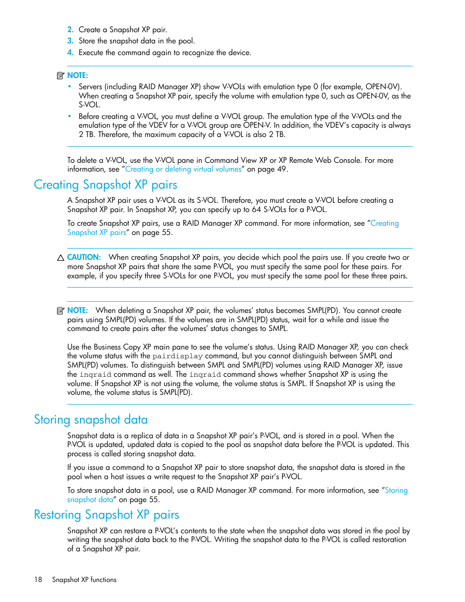 Creating snapshot xp pairs, Storing snapshot data, Restoring snapshot xp pairs | HP StorageWorks XP Remote Web Console Software User Manual | Page 18 / 74