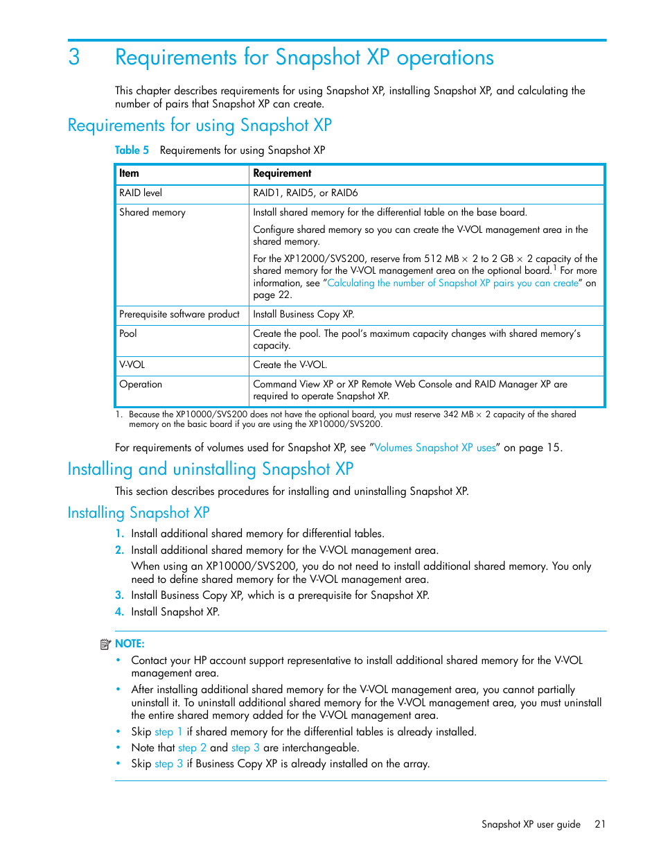 3 requirements for snapshot xp operations, Requirements for using snapshot xp, Table 5 requirements for using snapshot xp | Installing and uninstalling snapshot xp, Installing snapshot xp, 5 requirements for using snapshot xp, Table 5, 3requirements for snapshot xp operations | HP StorageWorks XP Remote Web Console Software User Manual | Page 21 / 74