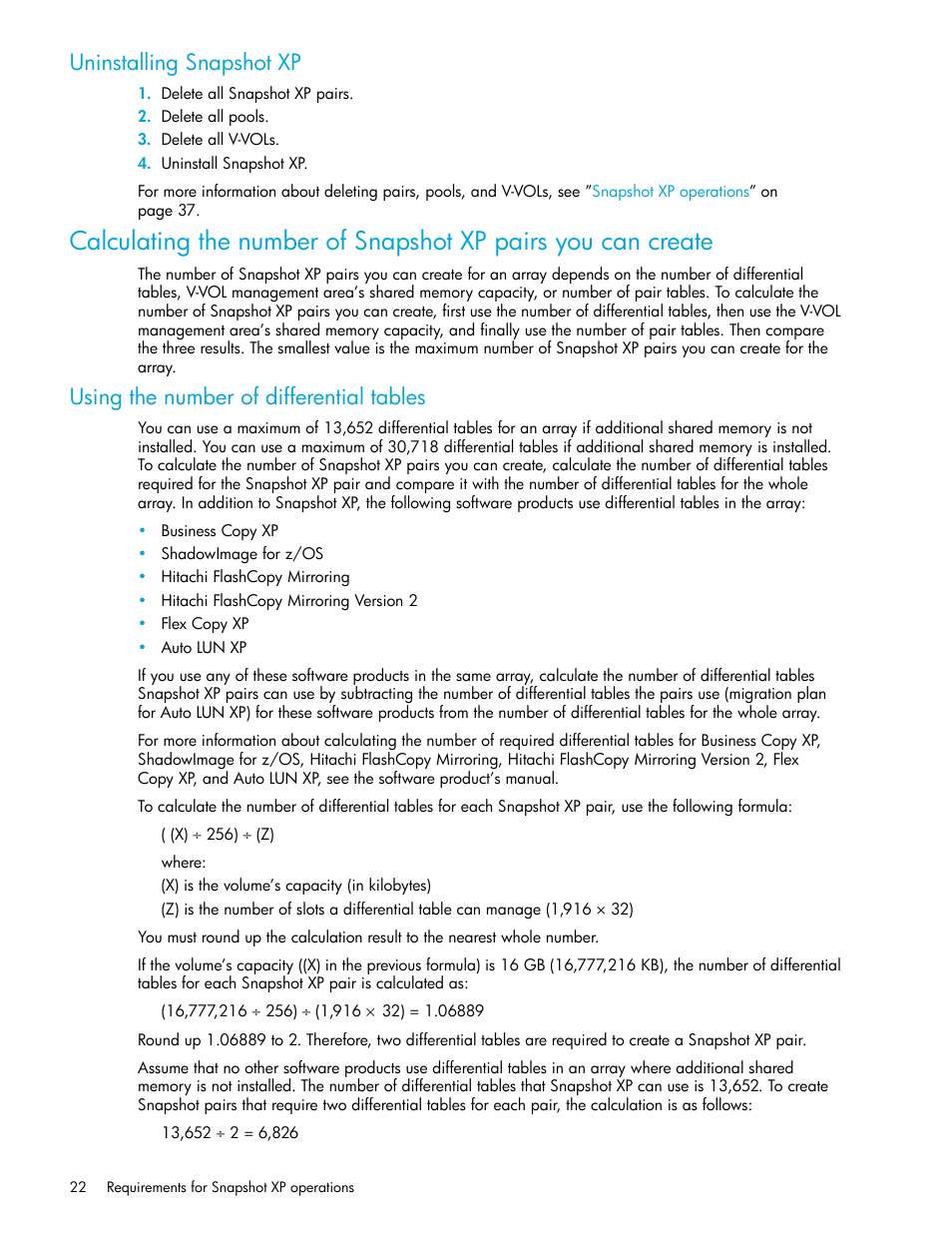Uninstalling snapshot xp, Using the number of differential tables | HP StorageWorks XP Remote Web Console Software User Manual | Page 22 / 74