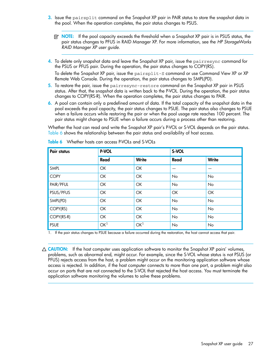 Table 6 whether hosts can access p-vols and s-vols, 6 whether hosts can access p-vols and s-vols | HP StorageWorks XP Remote Web Console Software User Manual | Page 27 / 74