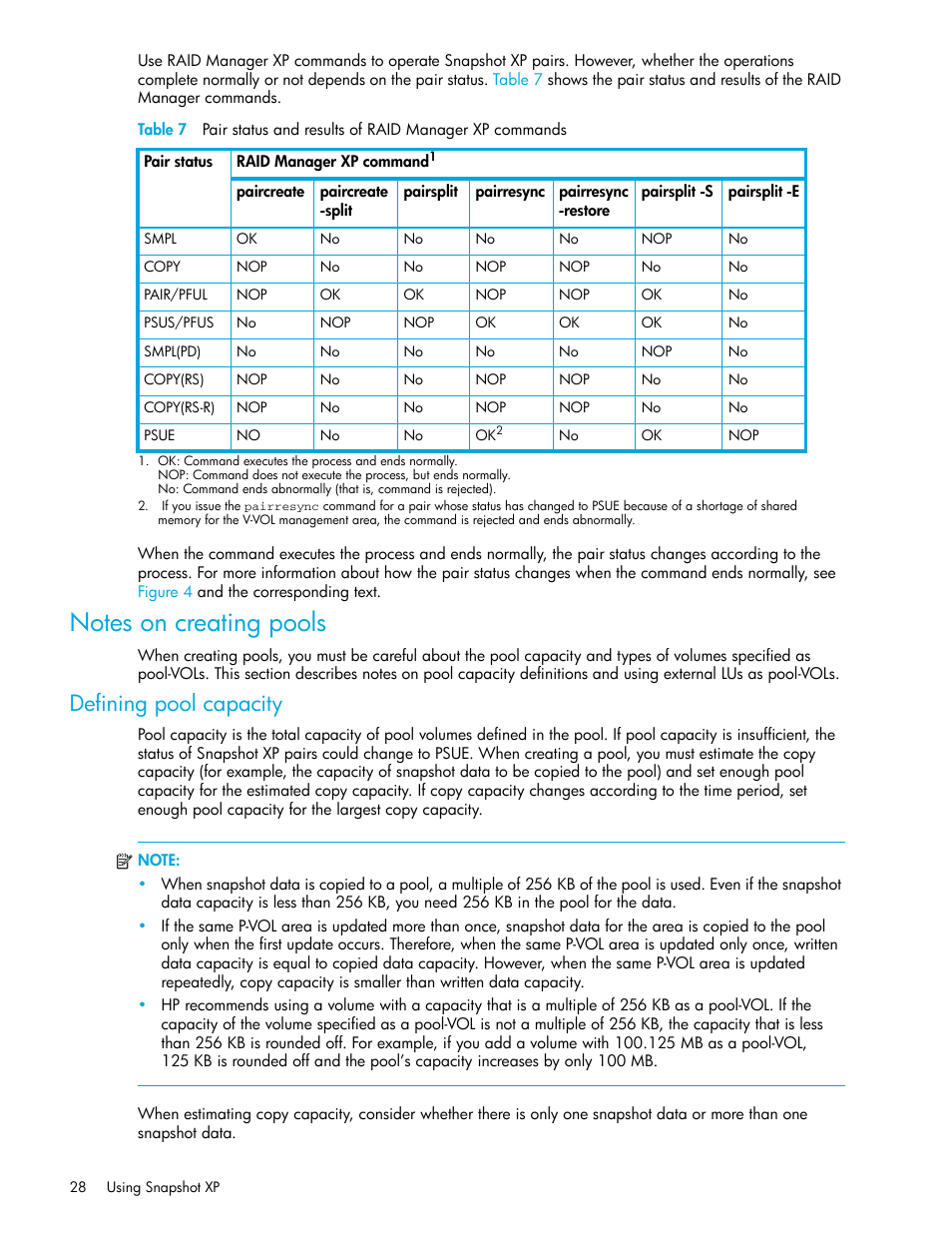 Notes on creating pools, Defining pool capacity | HP StorageWorks XP Remote Web Console Software User Manual | Page 28 / 74