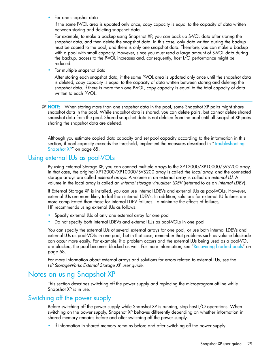 Using external lus as pool-vols, Notes on using snapshot xp, Switching off the power supply | HP StorageWorks XP Remote Web Console Software User Manual | Page 29 / 74