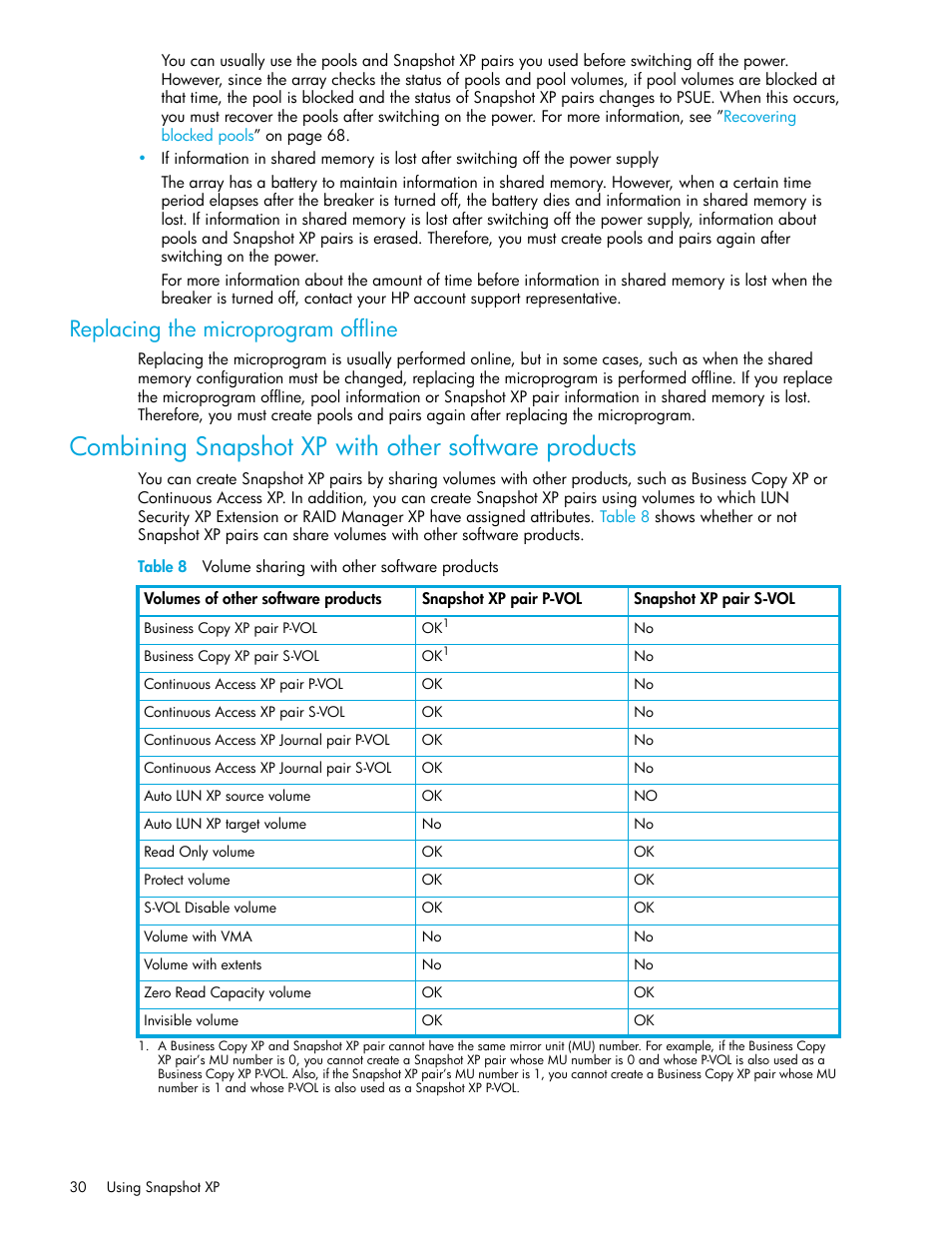 Replacing the microprogram offline, Combining snapshot xp with other software products, 8 volume sharing with other software products | HP StorageWorks XP Remote Web Console Software User Manual | Page 30 / 74