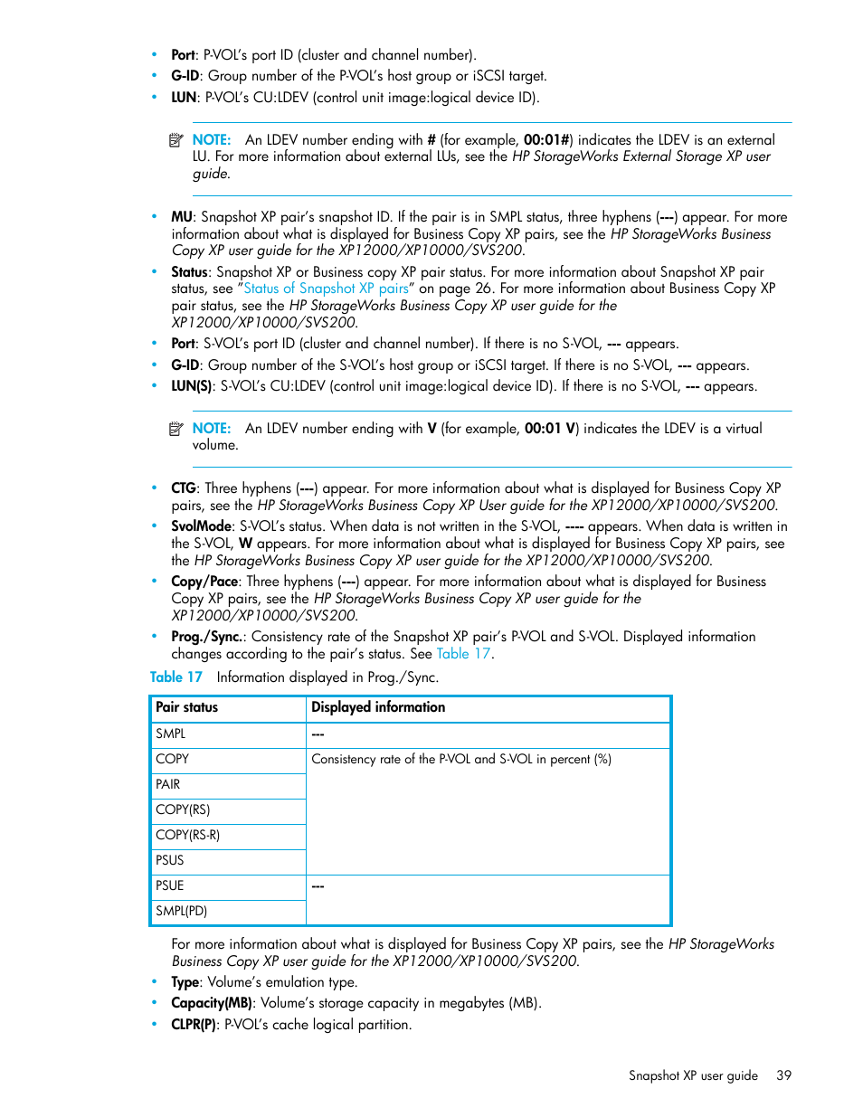 Table 17 information displayed in prog./sync, 17 information displayed in prog./sync | HP StorageWorks XP Remote Web Console Software User Manual | Page 39 / 74