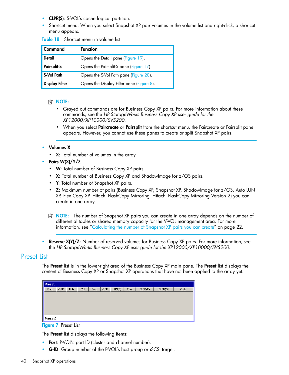 Table 18 shortcut menu in volume list, Preset list, Figure 7 preset list | 7 preset list, 18 shortcut menu in volume list | HP StorageWorks XP Remote Web Console Software User Manual | Page 40 / 74