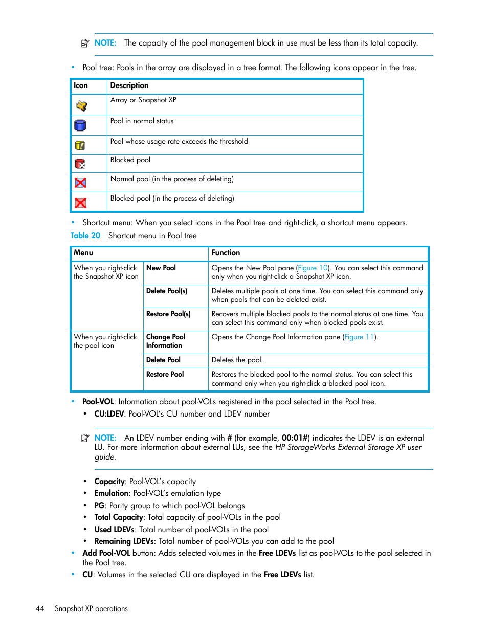 Table 20 shortcut menu in pool tree, 20 shortcut menu in pool tree | HP StorageWorks XP Remote Web Console Software User Manual | Page 44 / 74