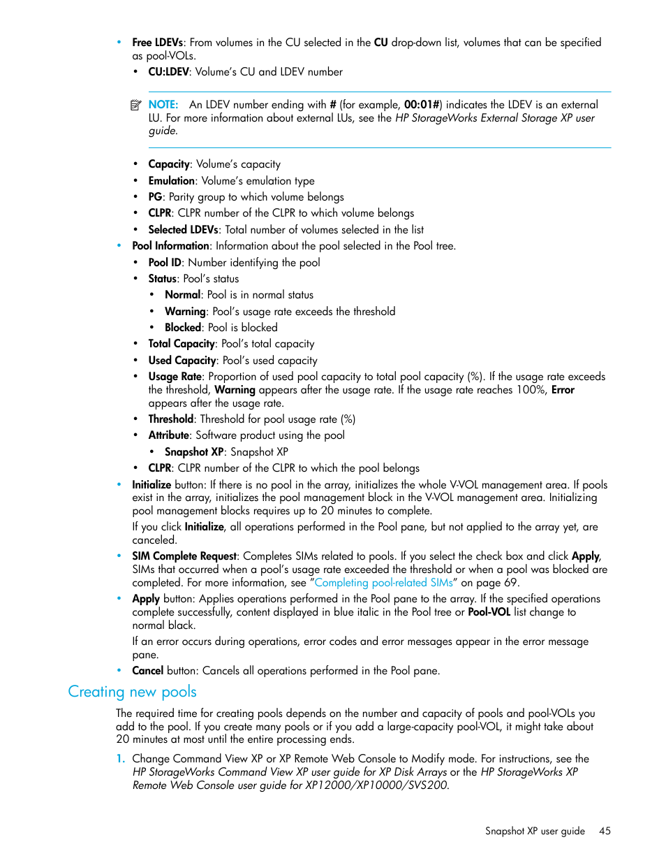 Creating new pools | HP StorageWorks XP Remote Web Console Software User Manual | Page 45 / 74