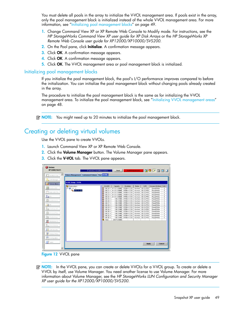 Initializing pool management blocks, Creating or deleting virtual volumes, Figure 12 v-vol pane | 12 v-vol pane | HP StorageWorks XP Remote Web Console Software User Manual | Page 49 / 74