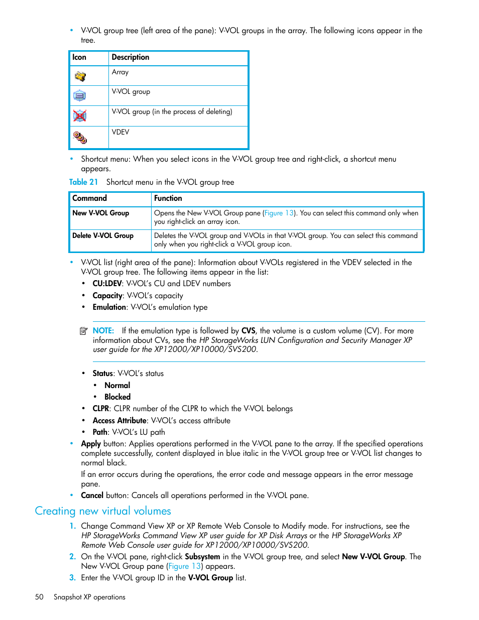 Table 21 shortcut menu in the v-vol group tree, Creating new virtual volumes, 21 shortcut menu in the v-vol group tree | HP StorageWorks XP Remote Web Console Software User Manual | Page 50 / 74