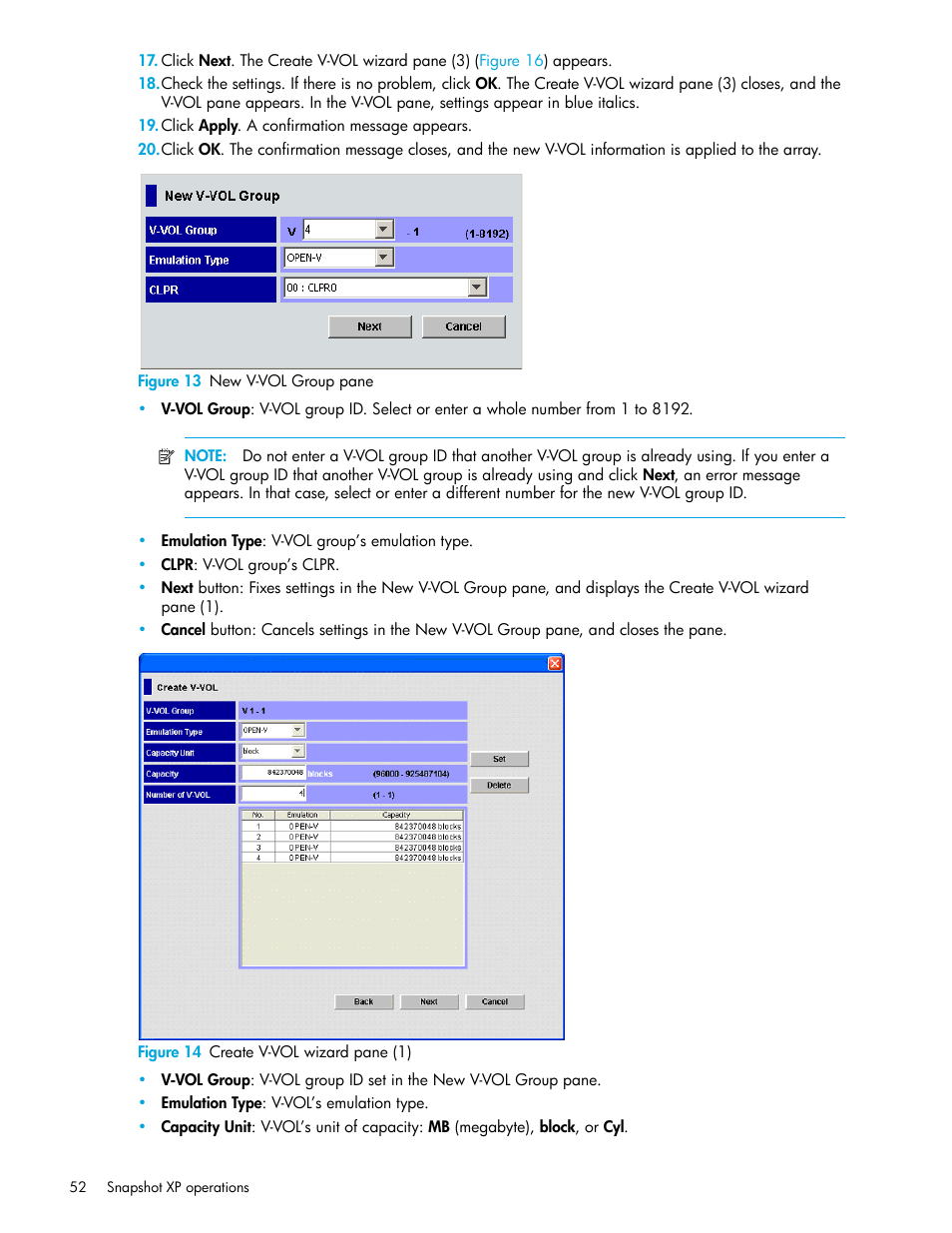 Figure 13 new v-vol group pane, Figure 14 create v-vol wizard pane (1), 13 new v-vol group pane | 14 create v-vol wizard pane (1), Figure 14 | HP StorageWorks XP Remote Web Console Software User Manual | Page 52 / 74