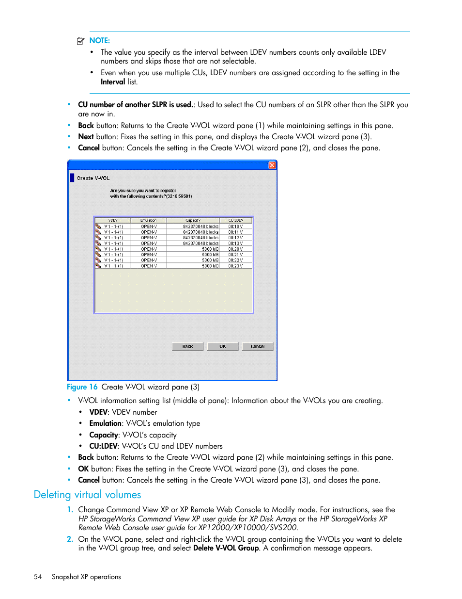 Figure 16 create v-vol wizard pane (3), Deleting virtual volumes, 16 create v-vol wizard pane (3) | HP StorageWorks XP Remote Web Console Software User Manual | Page 54 / 74