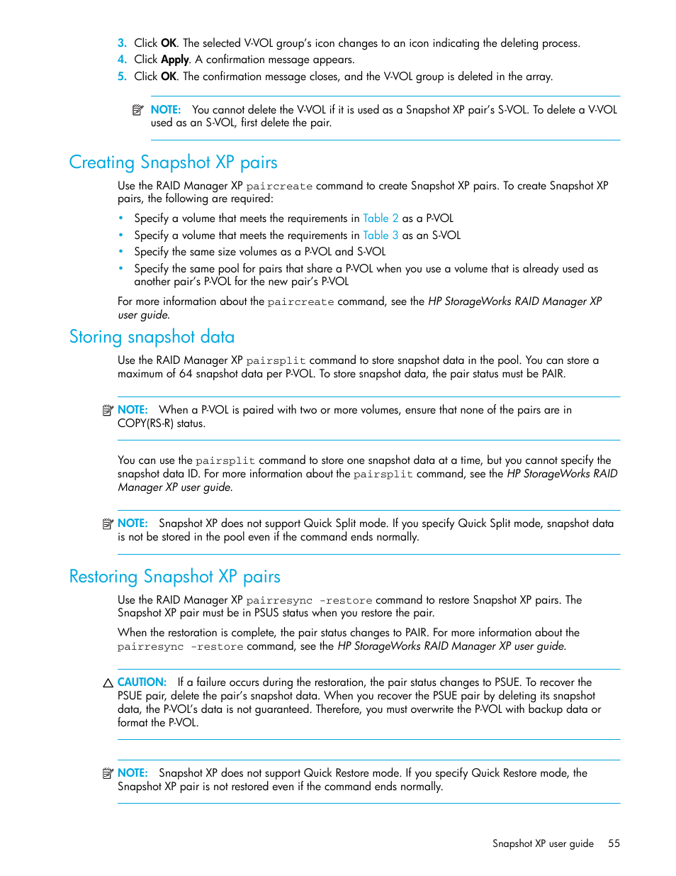 Creating snapshot xp pairs, Storing snapshot data, Restoring snapshot xp pairs | Creating, Snapshot xp pairs, Storing, Snapshot data, Restoring | HP StorageWorks XP Remote Web Console Software User Manual | Page 55 / 74