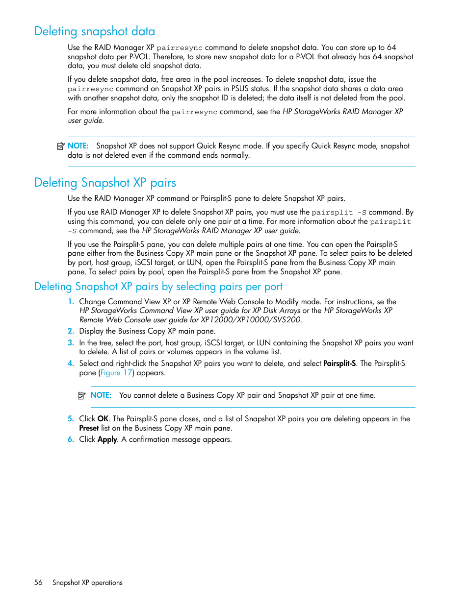 Deleting snapshot data, Deleting snapshot xp pairs, Deleting snapshot xp | Pairs | HP StorageWorks XP Remote Web Console Software User Manual | Page 56 / 74