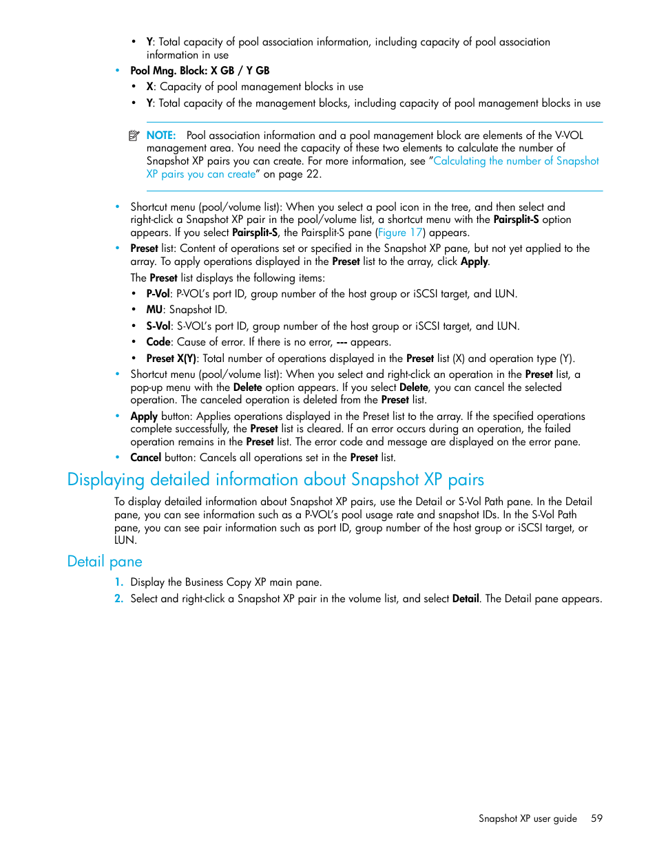 Detail pane, Displaying detailed, Information about snapshot xp pairs | HP StorageWorks XP Remote Web Console Software User Manual | Page 59 / 74