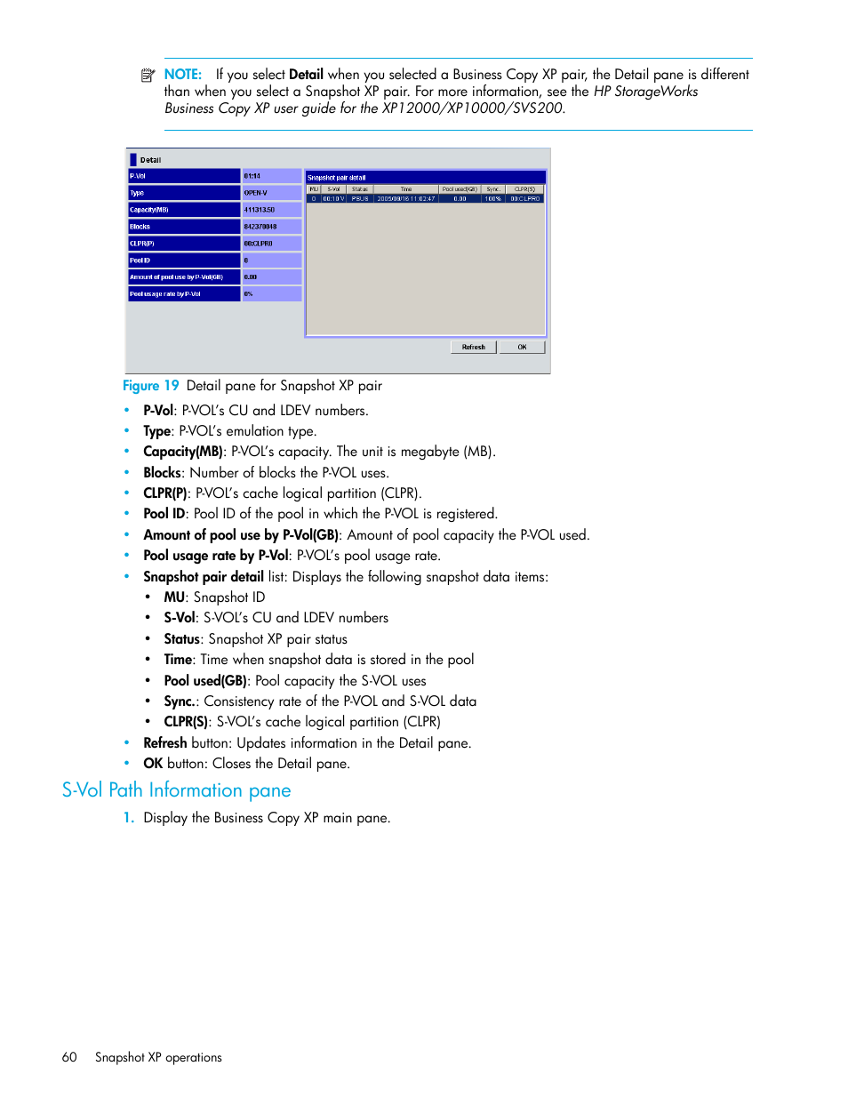 Figure 19 detail pane for snapshot xp pair, S-vol path information pane, 19 detail pane for snapshot xp pair | Figure 19 | HP StorageWorks XP Remote Web Console Software User Manual | Page 60 / 74