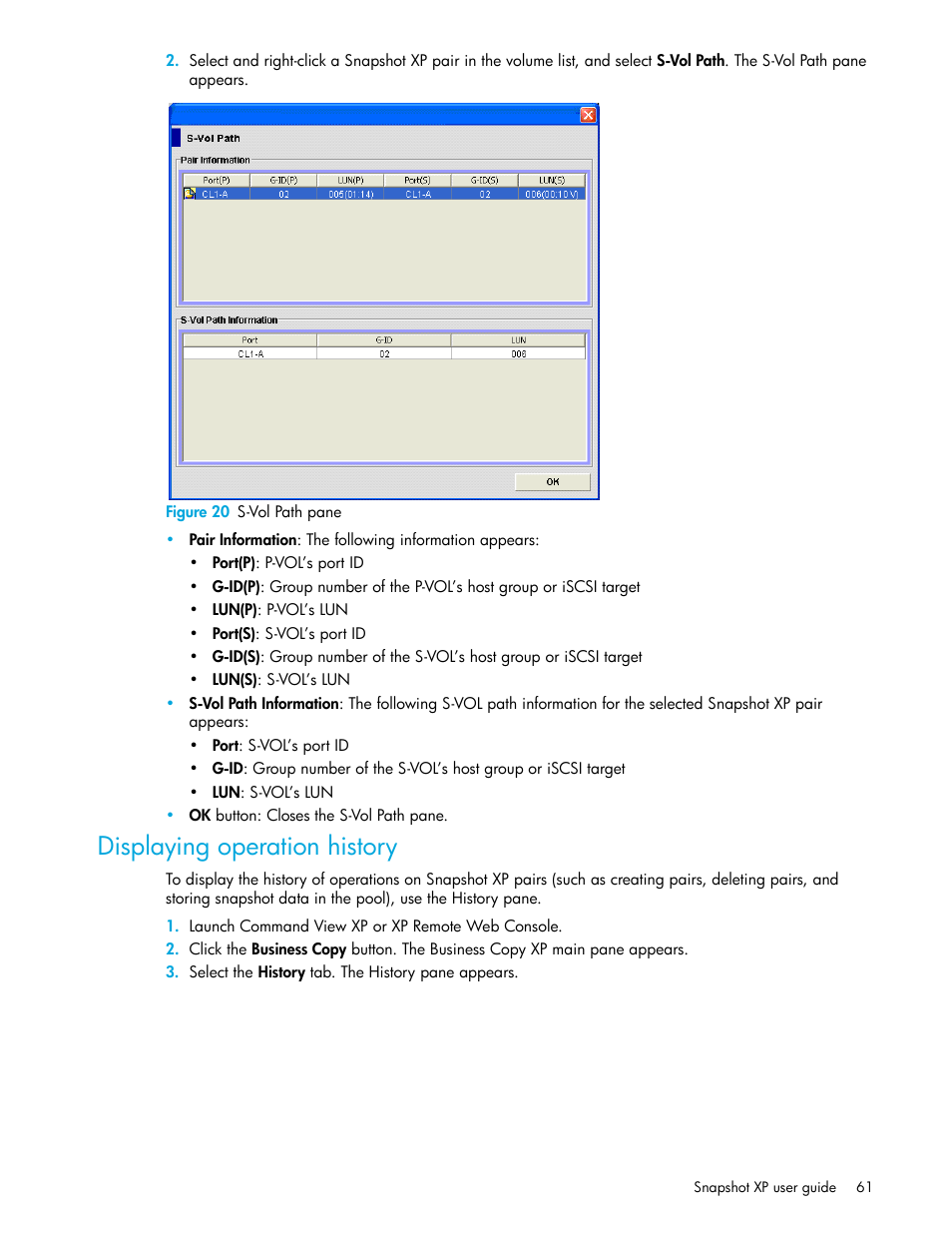 Figure 20 s-vol path pane, Displaying operation history, 20 s-vol path pane | Figure 20 | HP StorageWorks XP Remote Web Console Software User Manual | Page 61 / 74