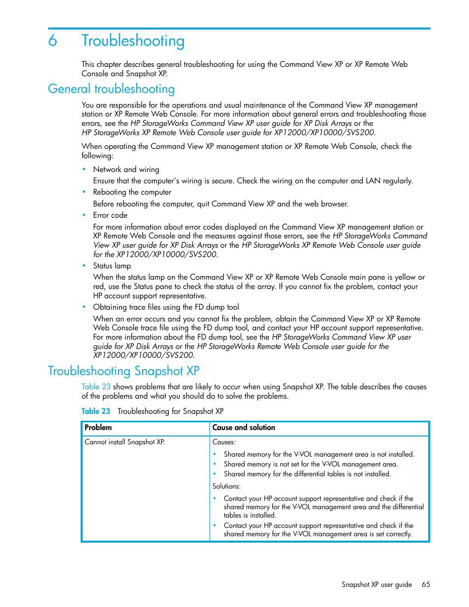 6 troubleshooting, General troubleshooting, Troubleshooting snapshot xp | Table 23 troubleshooting for snapshot xp, 23 troubleshooting for snapshot xp, Troubleshooting, Snapshot xp, 6troubleshooting | HP StorageWorks XP Remote Web Console Software User Manual | Page 65 / 74