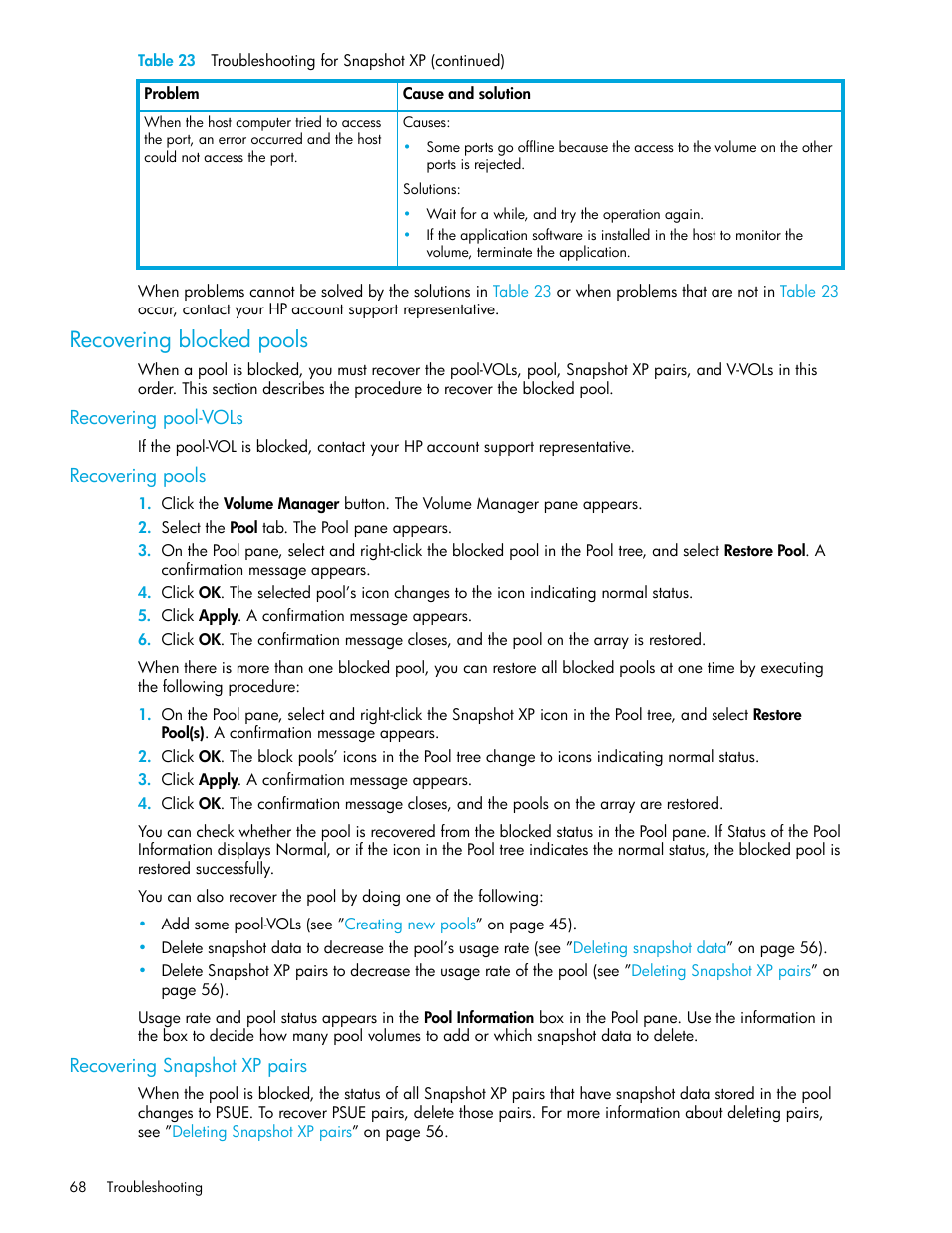 Recovering blocked pools, Recovering pool-vols, Recovering pools | Recovering snapshot xp pairs, Recovering, Blocked pools | HP StorageWorks XP Remote Web Console Software User Manual | Page 68 / 74