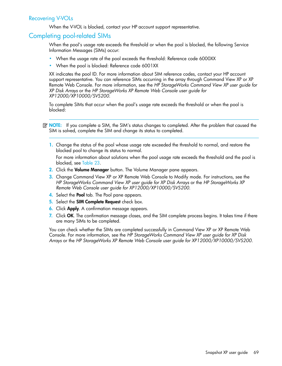 Recovering v-vols, Completing pool-related sims, Completing pool-related | Sims | HP StorageWorks XP Remote Web Console Software User Manual | Page 69 / 74