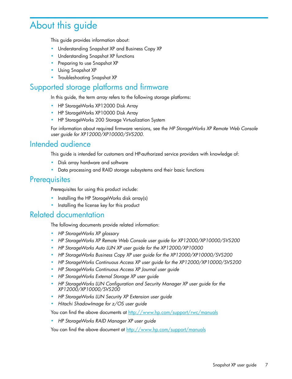 About this guide, Supported storage platforms and firmware, Intended audience | Prerequisites, Related documentation | HP StorageWorks XP Remote Web Console Software User Manual | Page 7 / 74