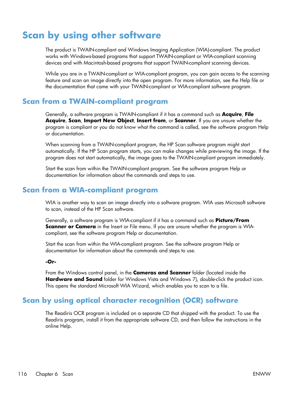 Scan by using other software, Scan from a twain-compliant program, Scan from a wia-compliant program | HP TopShot LaserJet Pro M275 MFP User Manual | Page 126 / 206