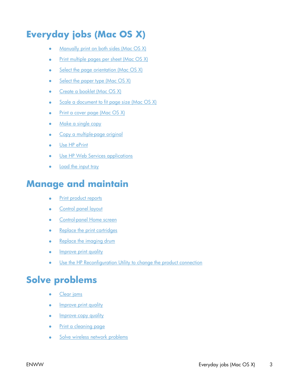 Everyday jobs (mac os x), Manage and maintain, Solve problems | HP TopShot LaserJet Pro M275 MFP User Manual | Page 13 / 206