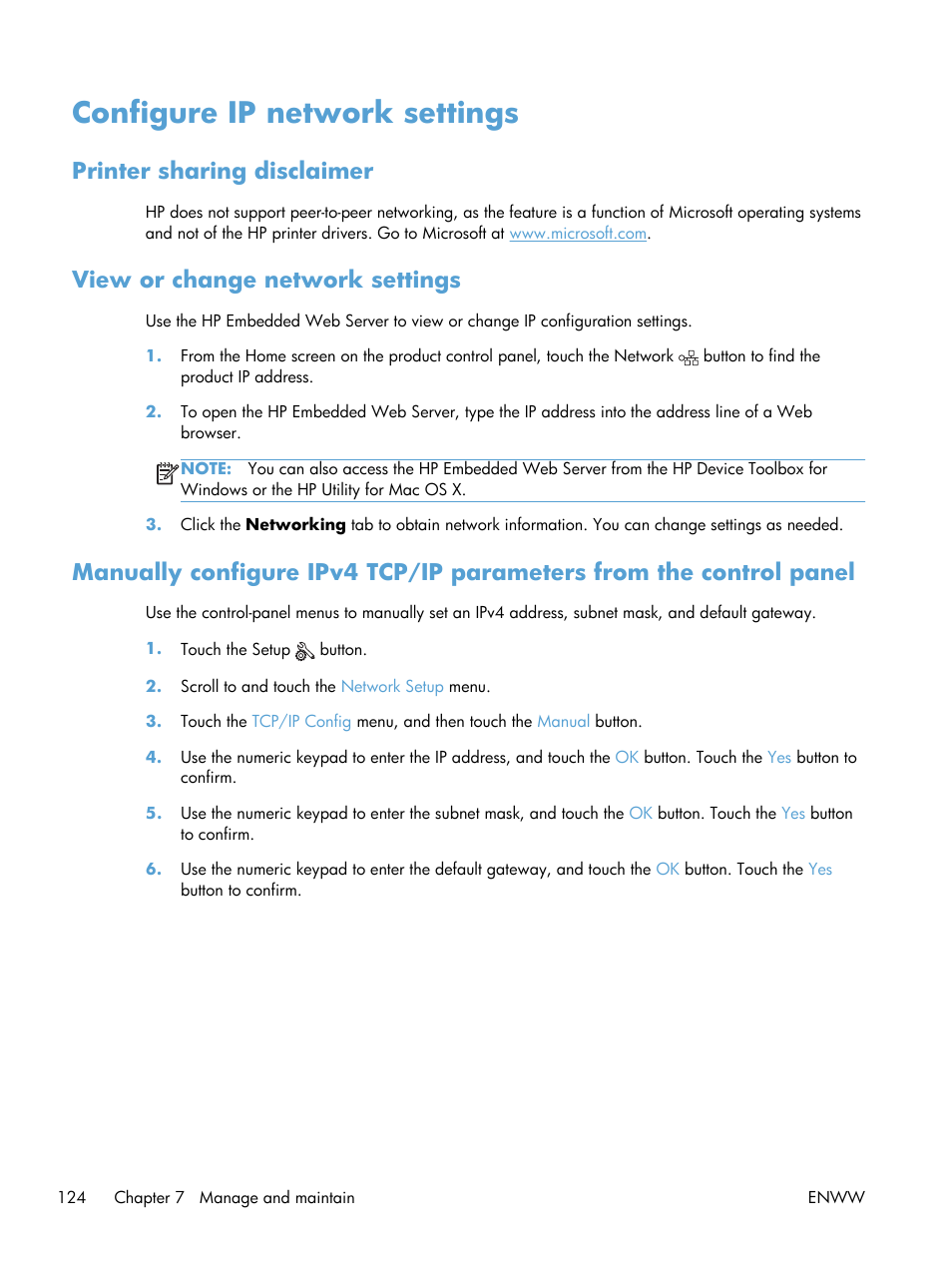 Configure ip network settings, Printer sharing disclaimer, View or change network settings | HP TopShot LaserJet Pro M275 MFP User Manual | Page 134 / 206