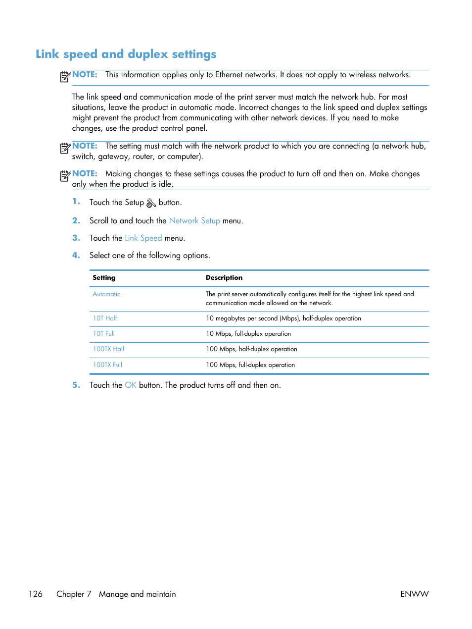 Link speed and duplex settings | HP TopShot LaserJet Pro M275 MFP User Manual | Page 136 / 206