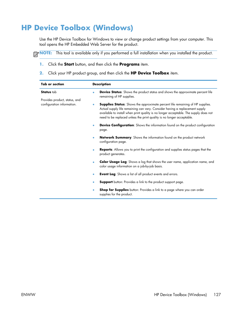 Hp device toolbox (windows) | HP TopShot LaserJet Pro M275 MFP User Manual | Page 137 / 206