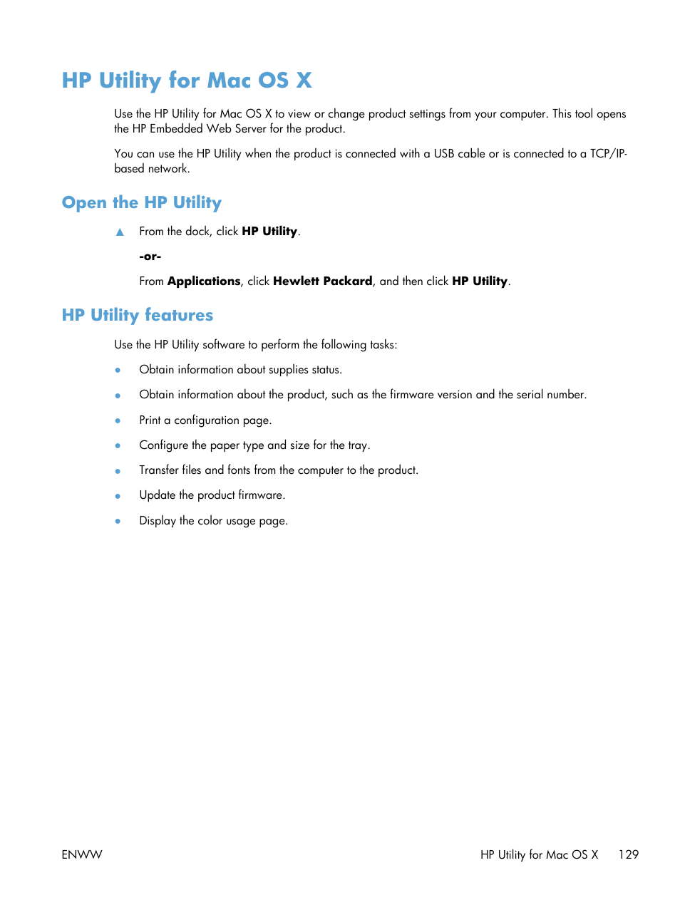 Hp utility for mac os x, Open the hp utility, Hp utility features | HP TopShot LaserJet Pro M275 MFP User Manual | Page 139 / 206