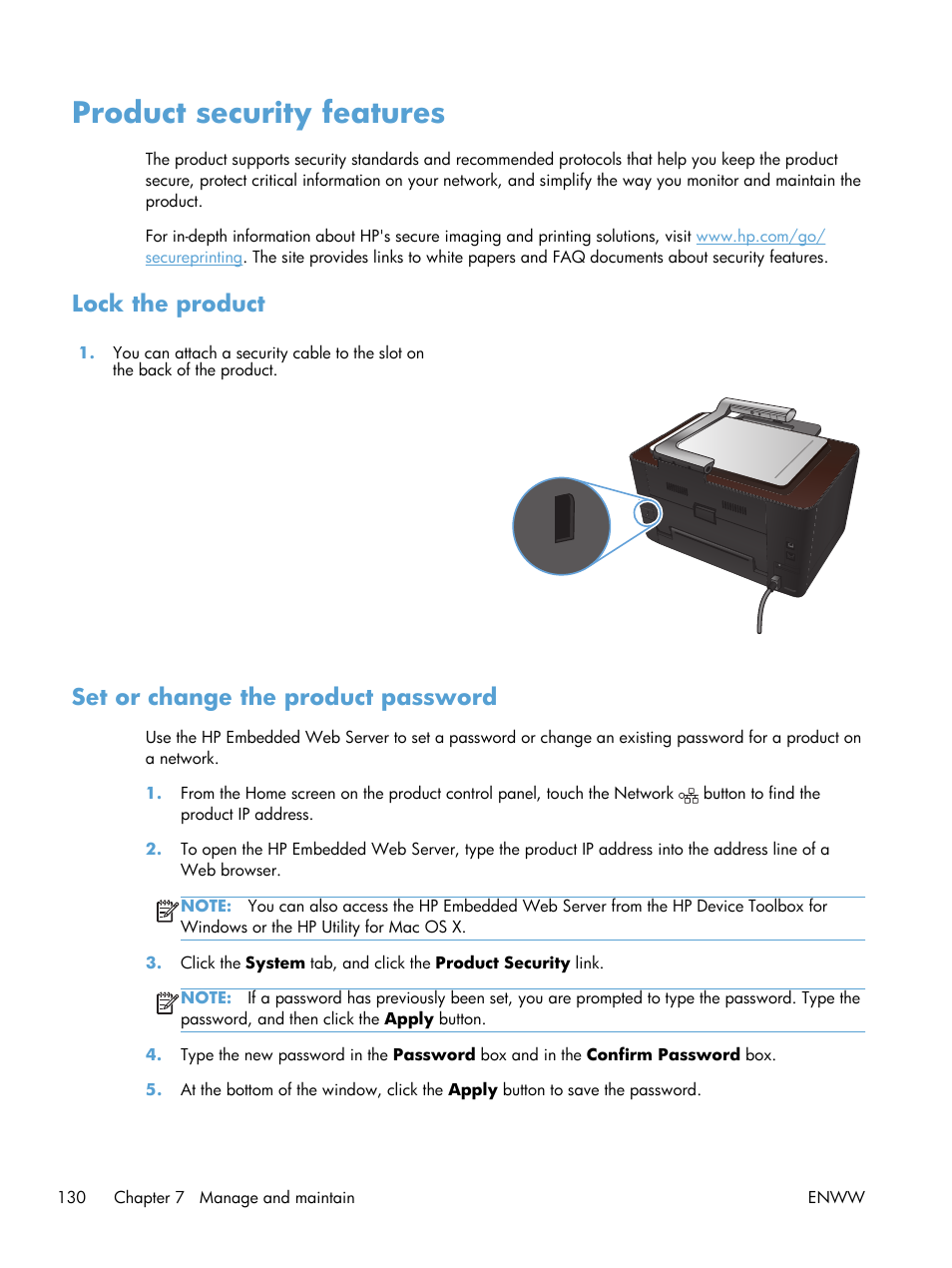 Product security features, Lock the product, Set or change the product password | HP TopShot LaserJet Pro M275 MFP User Manual | Page 140 / 206