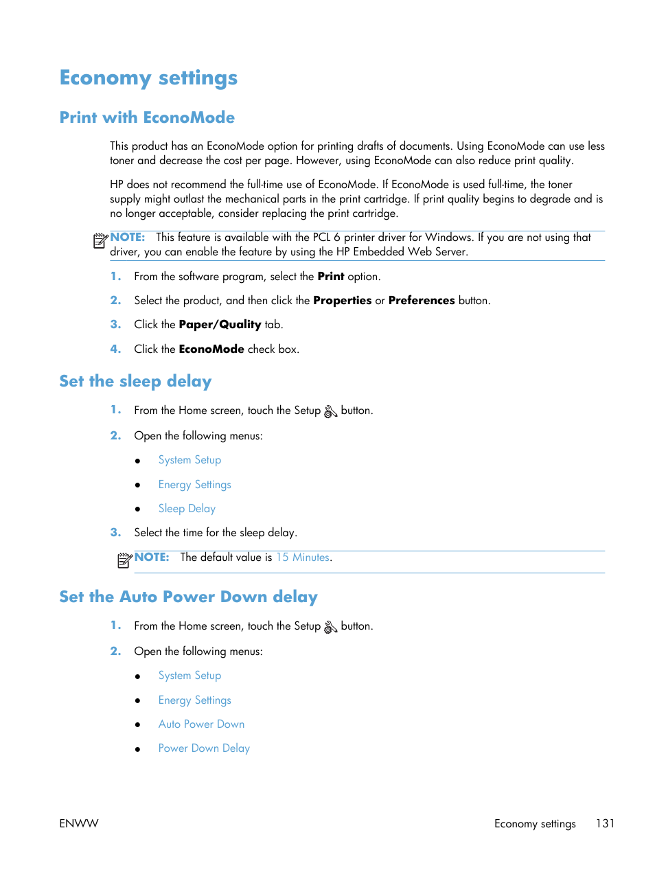 Economy settings, Print with economode, Set the sleep delay | Set the auto power down delay | HP TopShot LaserJet Pro M275 MFP User Manual | Page 141 / 206