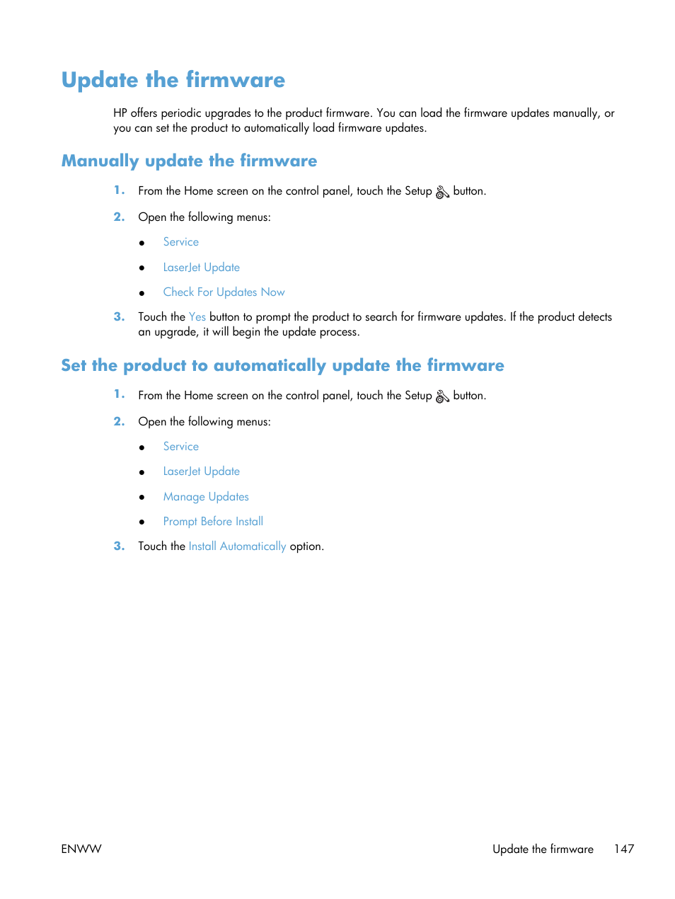 Update the firmware, Manually update the firmware | HP TopShot LaserJet Pro M275 MFP User Manual | Page 157 / 206