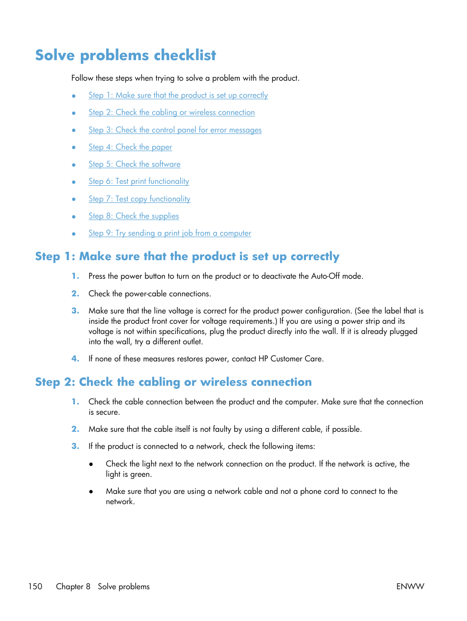 Solve problems checklist, Step 2: check the cabling or wireless connection | HP TopShot LaserJet Pro M275 MFP User Manual | Page 160 / 206