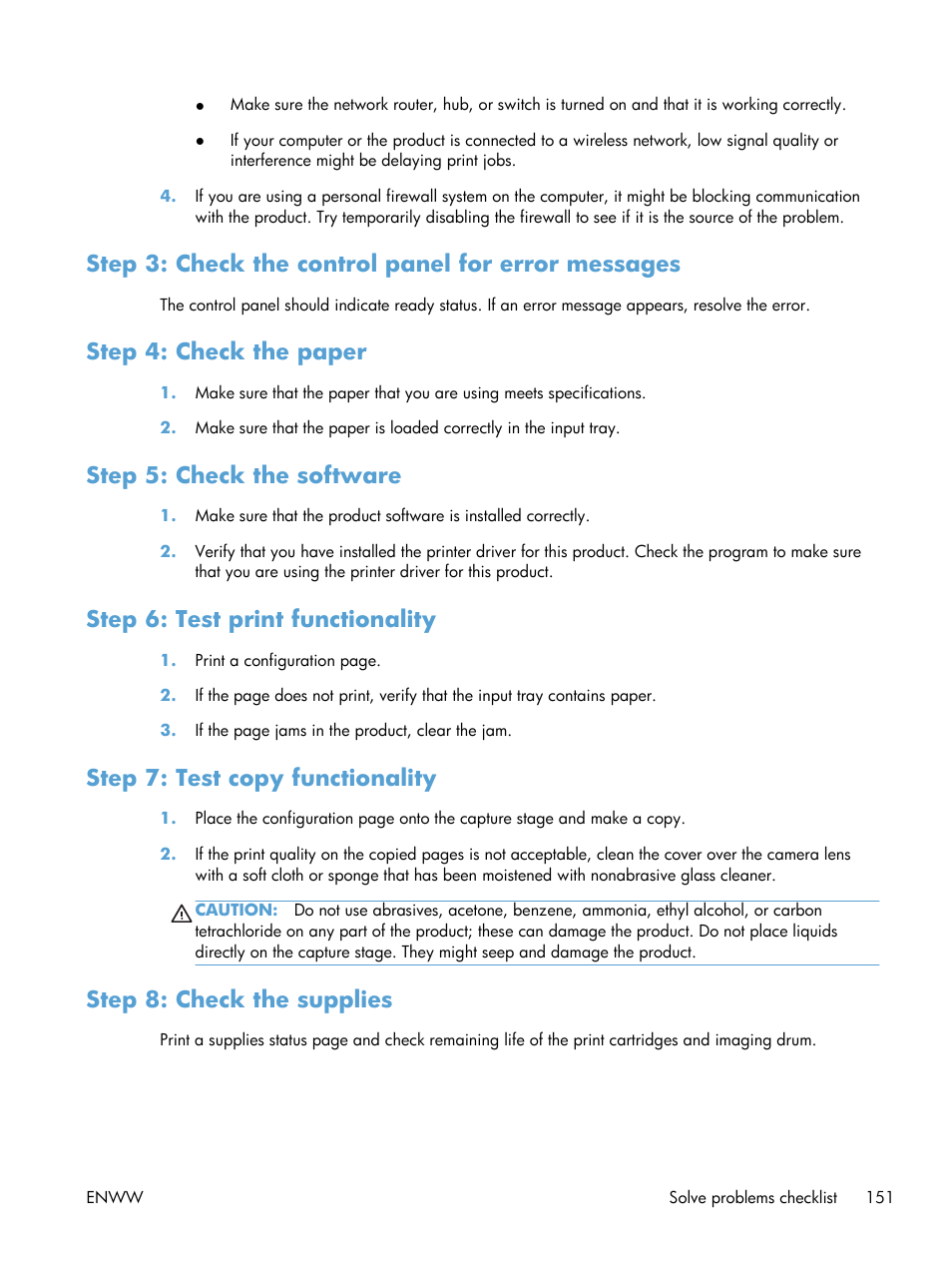 Step 3: check the control panel for error messages, Step 4: check the paper, Step 5: check the software | Step 6: test print functionality, Step 7: test copy functionality, Step 8: check the supplies | HP TopShot LaserJet Pro M275 MFP User Manual | Page 161 / 206